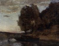 Corot, Jean-Baptiste-Camille - Fisherman Boating along a Wooded Landscape
